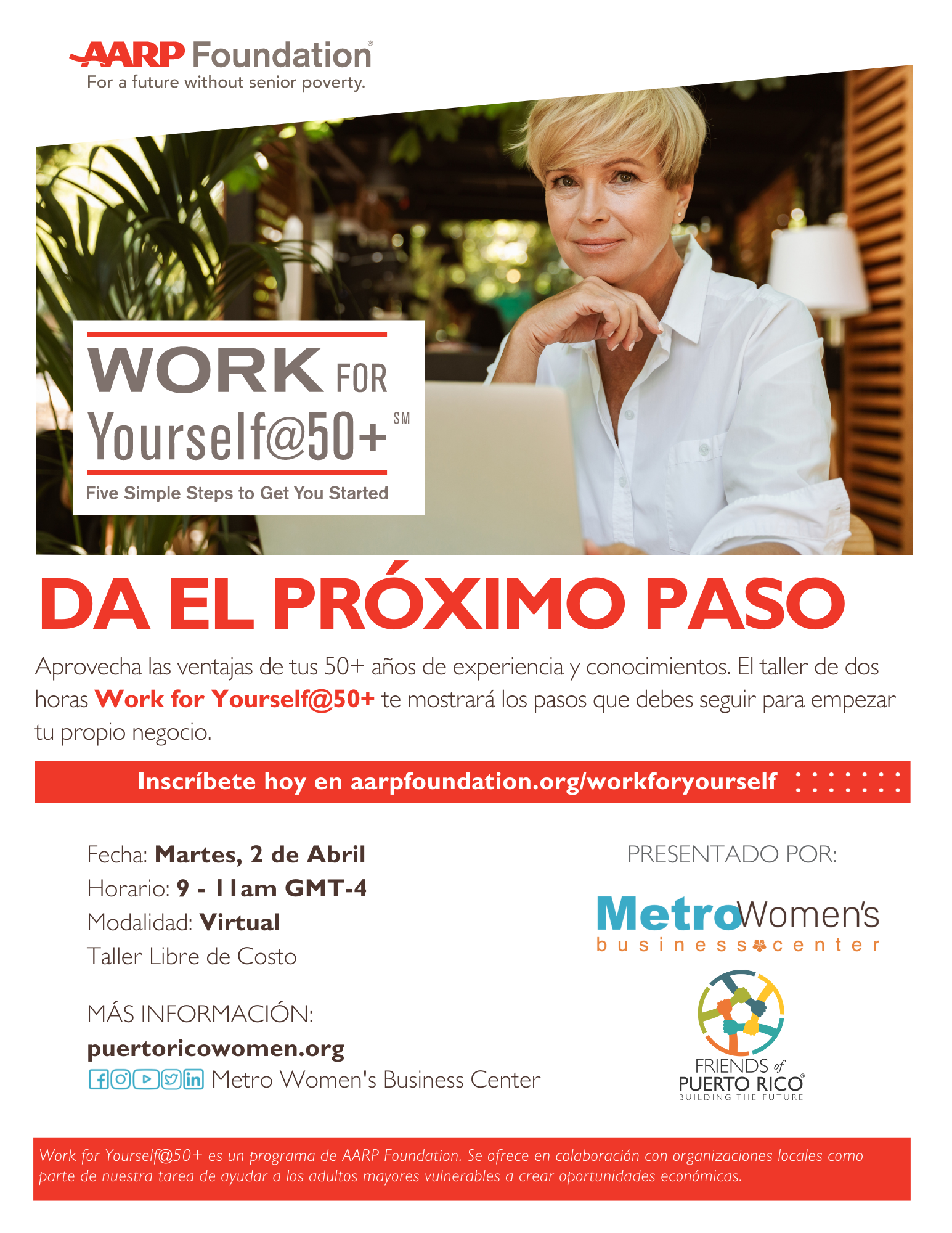 Flyer del taller de autoempleo Work for Yoruself@50+ en Puerto Rico